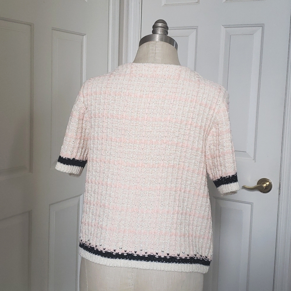 Anthropologie Tweed Sweater Tee • Fringe Pockets • Cream Pink Plaid Knit Top M - Picture 7 of 12